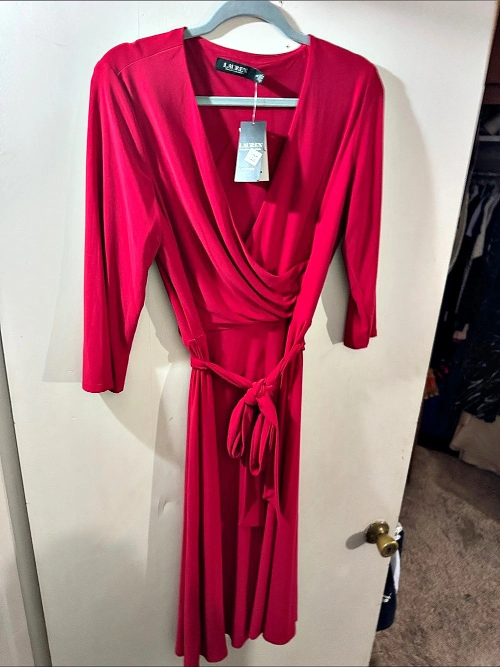 Lauren Ralph Lauren Red Faux Wrap Midi Dress Pink Medium NWT